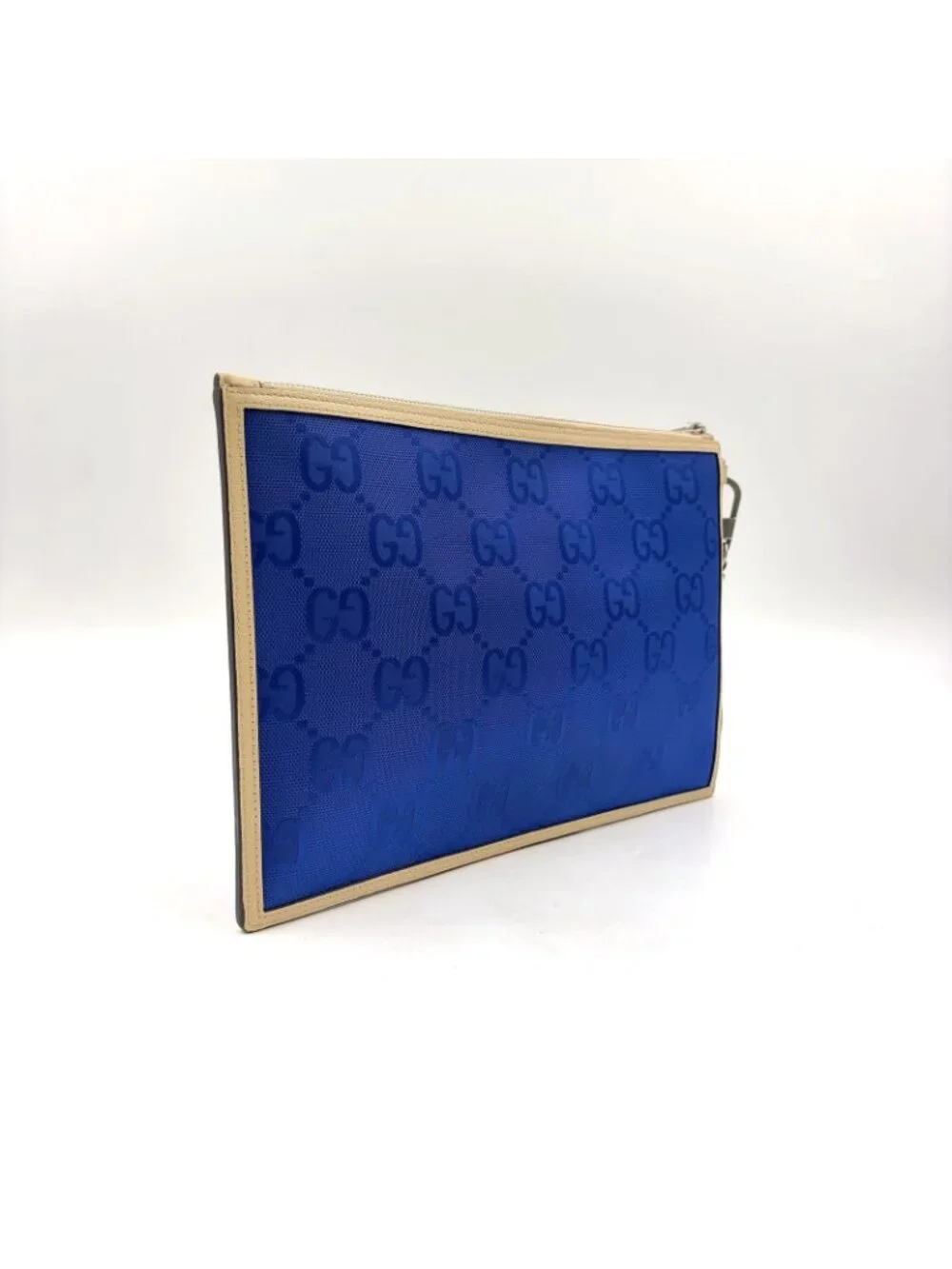 Gucci Off the Grid GG Pattern Leather Nylon Ivory Blue Clutch Silver